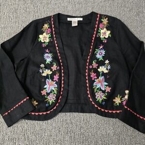 Peter Martin 100% Linen Floral Embroidered Bolero Jacket Colorful Artisan Sz 10